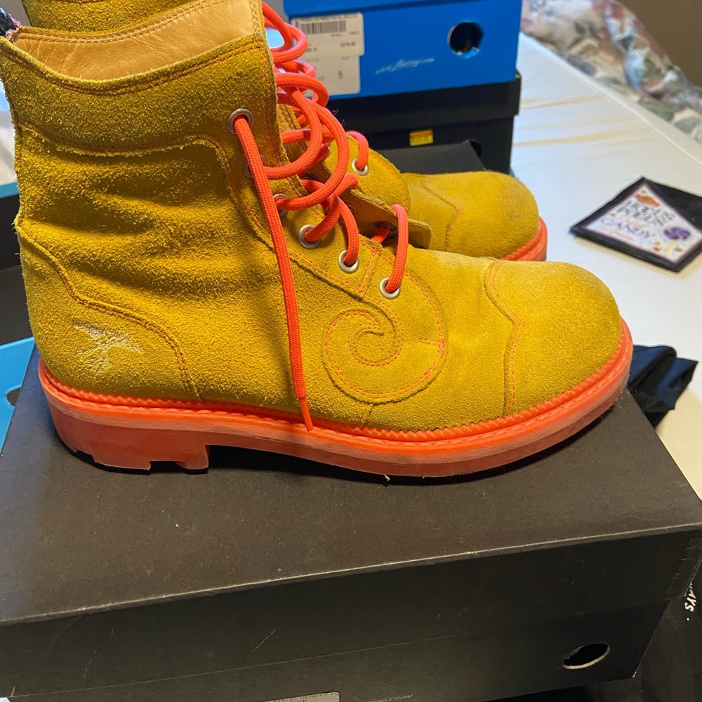 Yellow and Red Fluevog Derby Boots